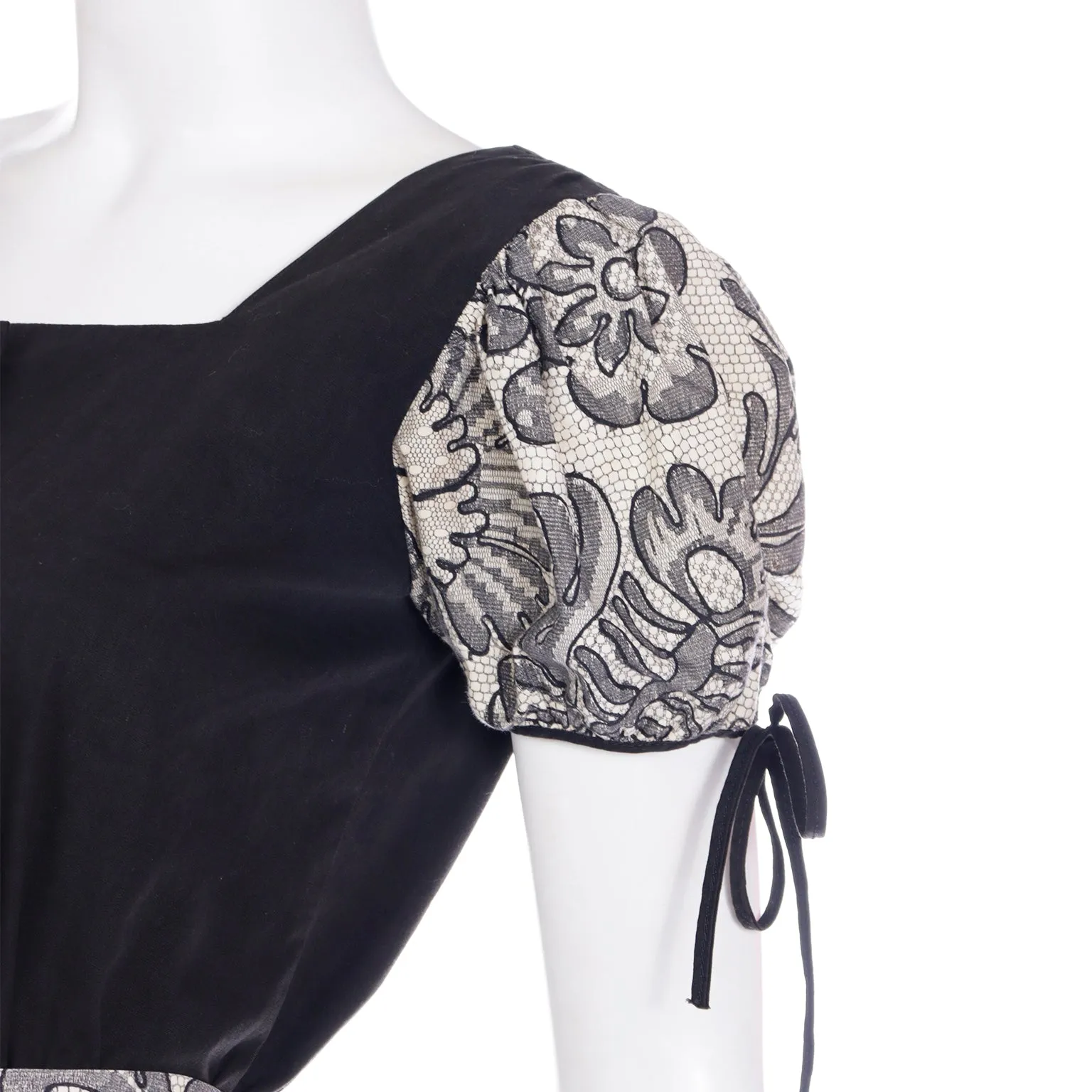 1960s Vintage 2 Pc Dress in Black & White Lace Print Skirt & Top