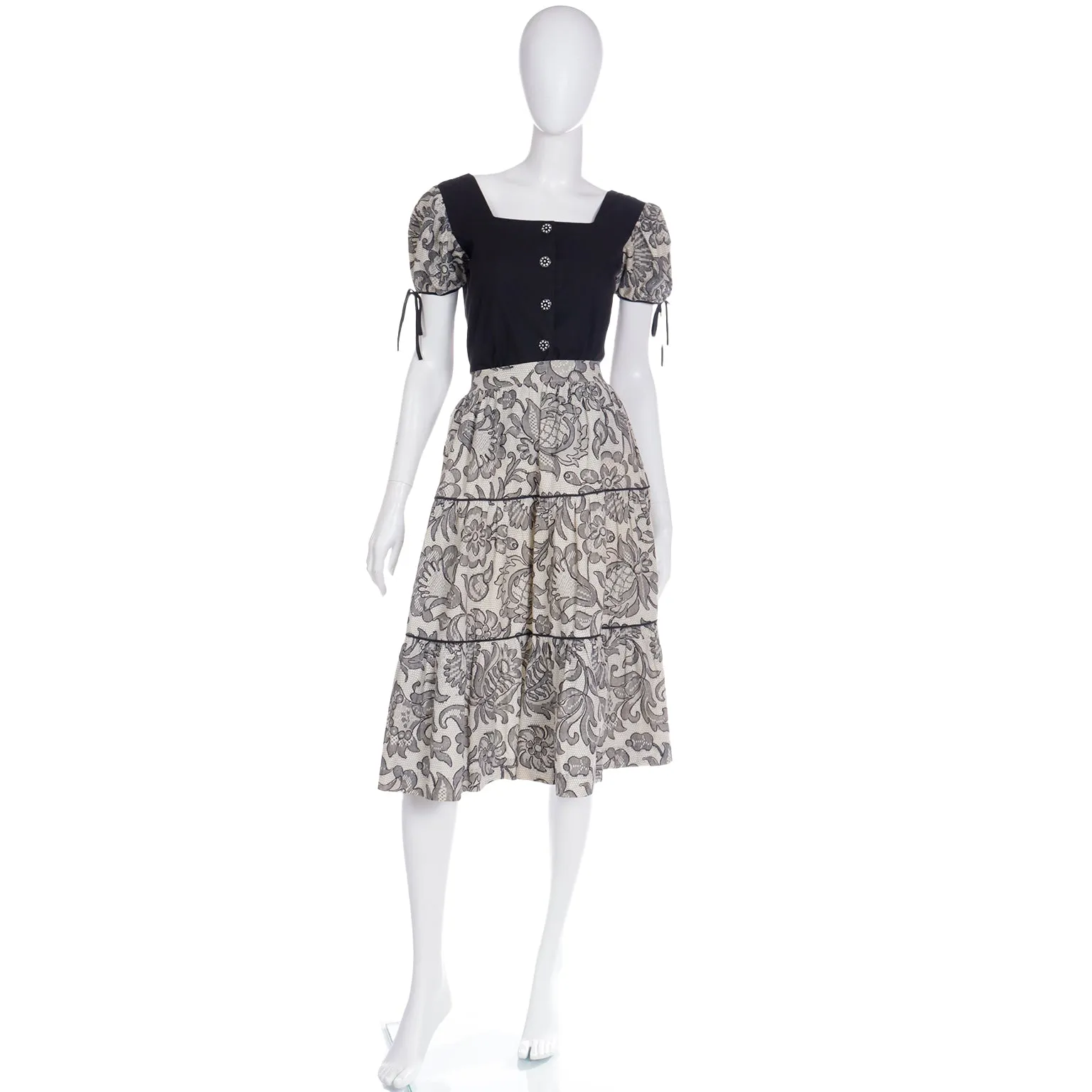 1960s Vintage 2 Pc Dress in Black & White Lace Print Skirt & Top