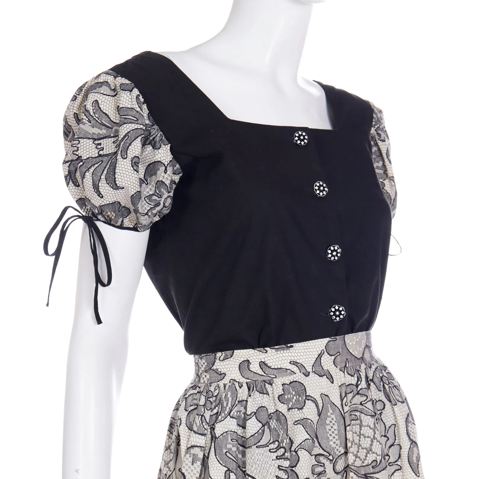 1960s Vintage 2 Pc Dress in Black & White Lace Print Skirt & Top