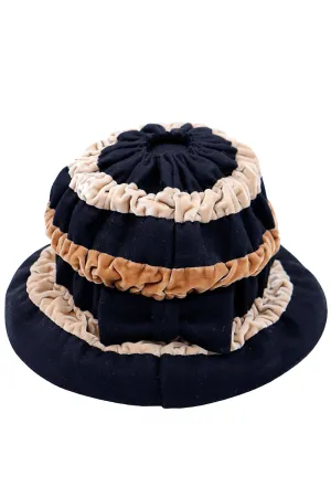 1960s Vintage Sally Vielon Ruffled Velvet Tri Color Hat With Bow