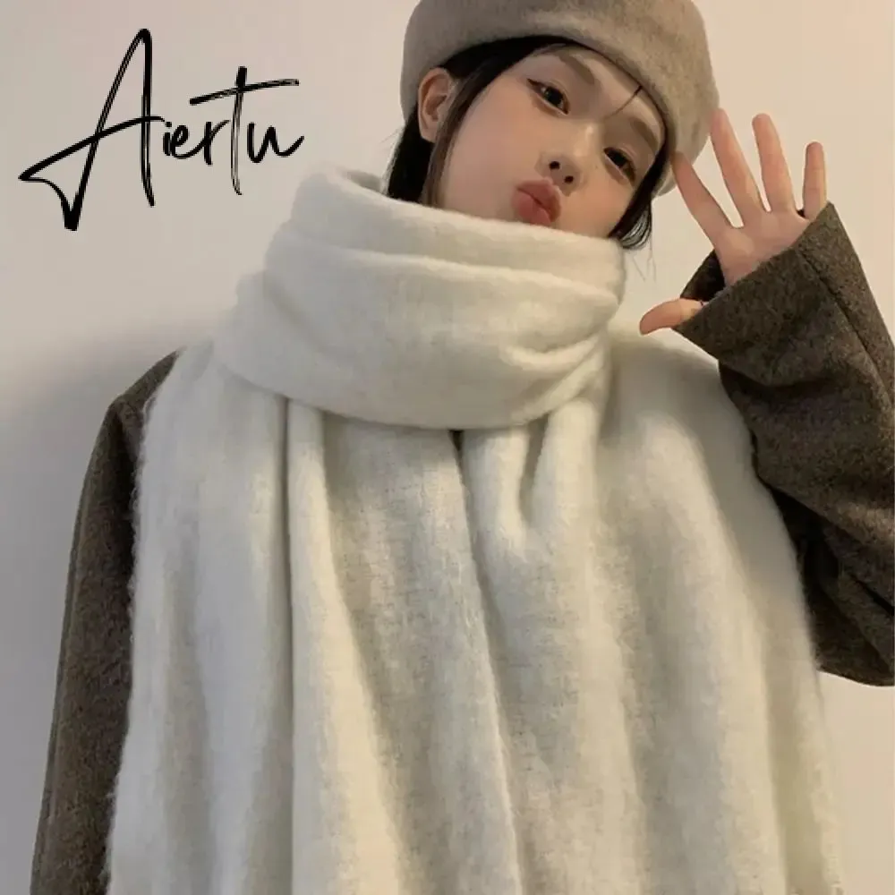 1PC New Soft Winter Cashmere Scarf Solid Color Warm Long Tassel Scarves Mohair Thickened Wrap Shawls For Women Girls