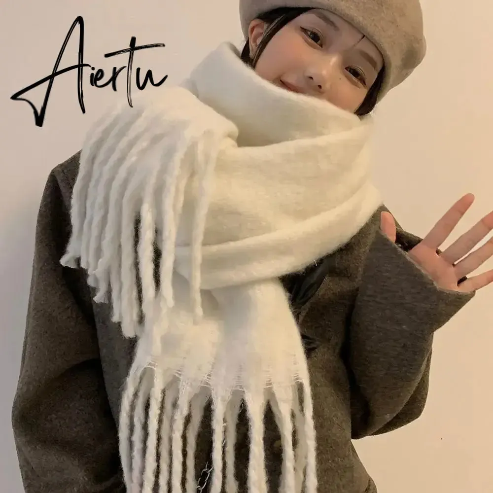 1PC New Soft Winter Cashmere Scarf Solid Color Warm Long Tassel Scarves Mohair Thickened Wrap Shawls For Women Girls