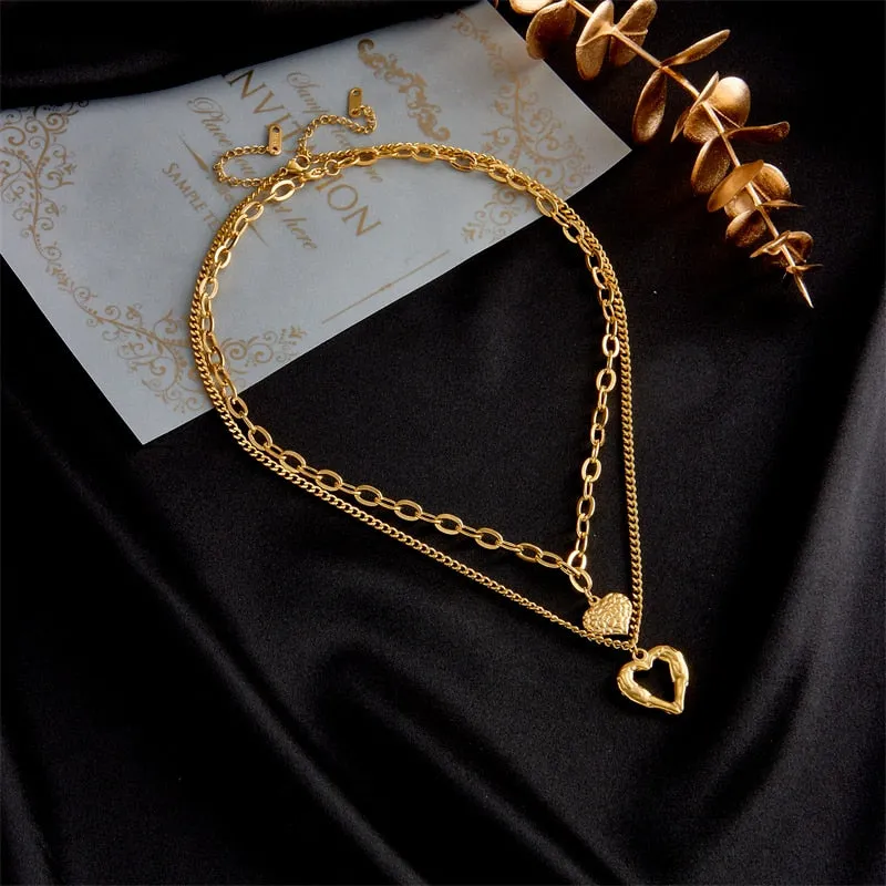 2-Layer Heart Charm Chain Necklaces