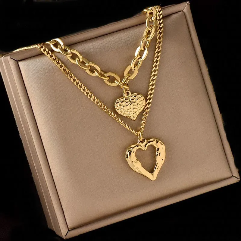 2-Layer Heart Charm Chain Necklaces