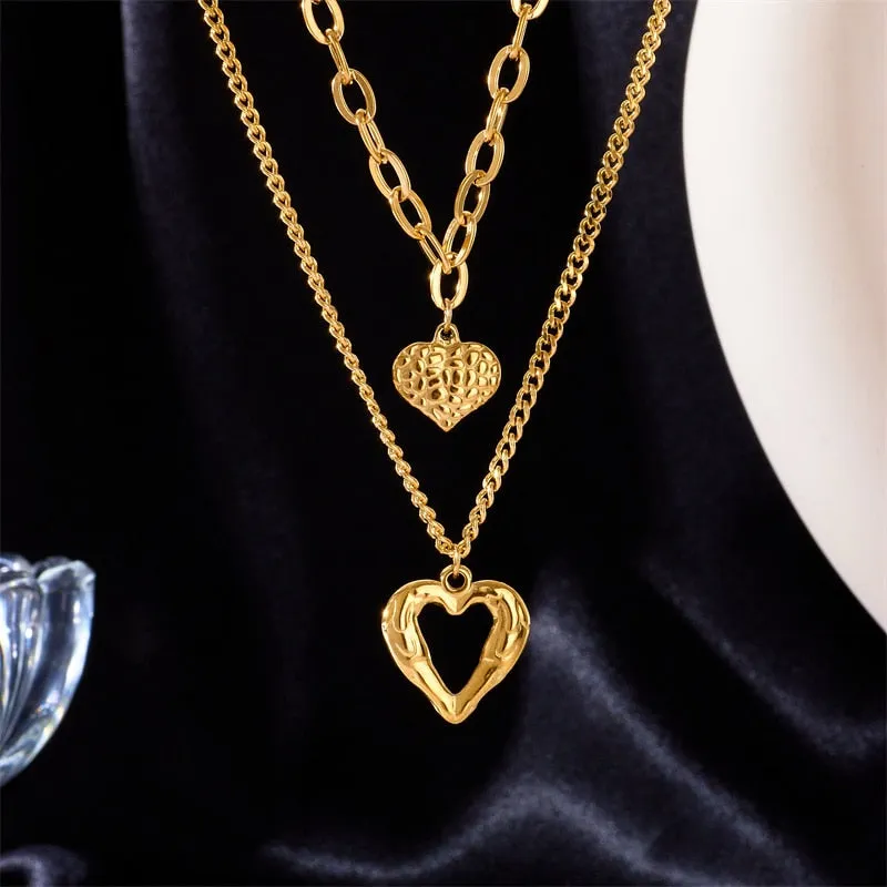 2-Layer Heart Charm Chain Necklaces