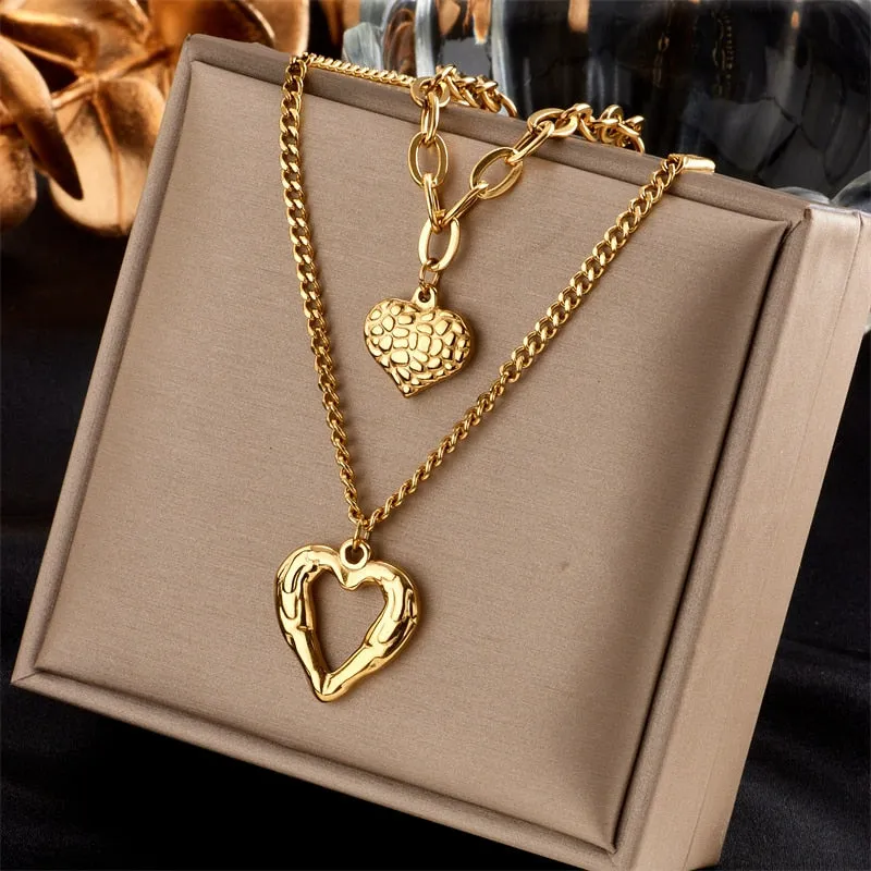2-Layer Heart Charm Chain Necklaces