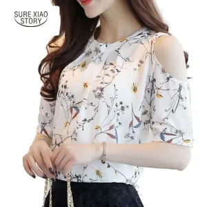 2017 Chiffon Print Blusas Floral Shirt For Womens Elegant Open Shoulder Blouses Women Ete Plus Size Female Tops 825C 30