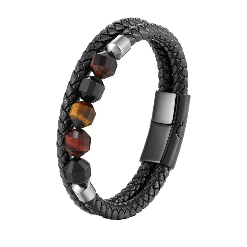 2021 New 10mm Cut Corner Natural Tiger's Eye Energy Bracelet Sweet And Romantic Couple Double-Layer Leather Rope 316 Stainless S