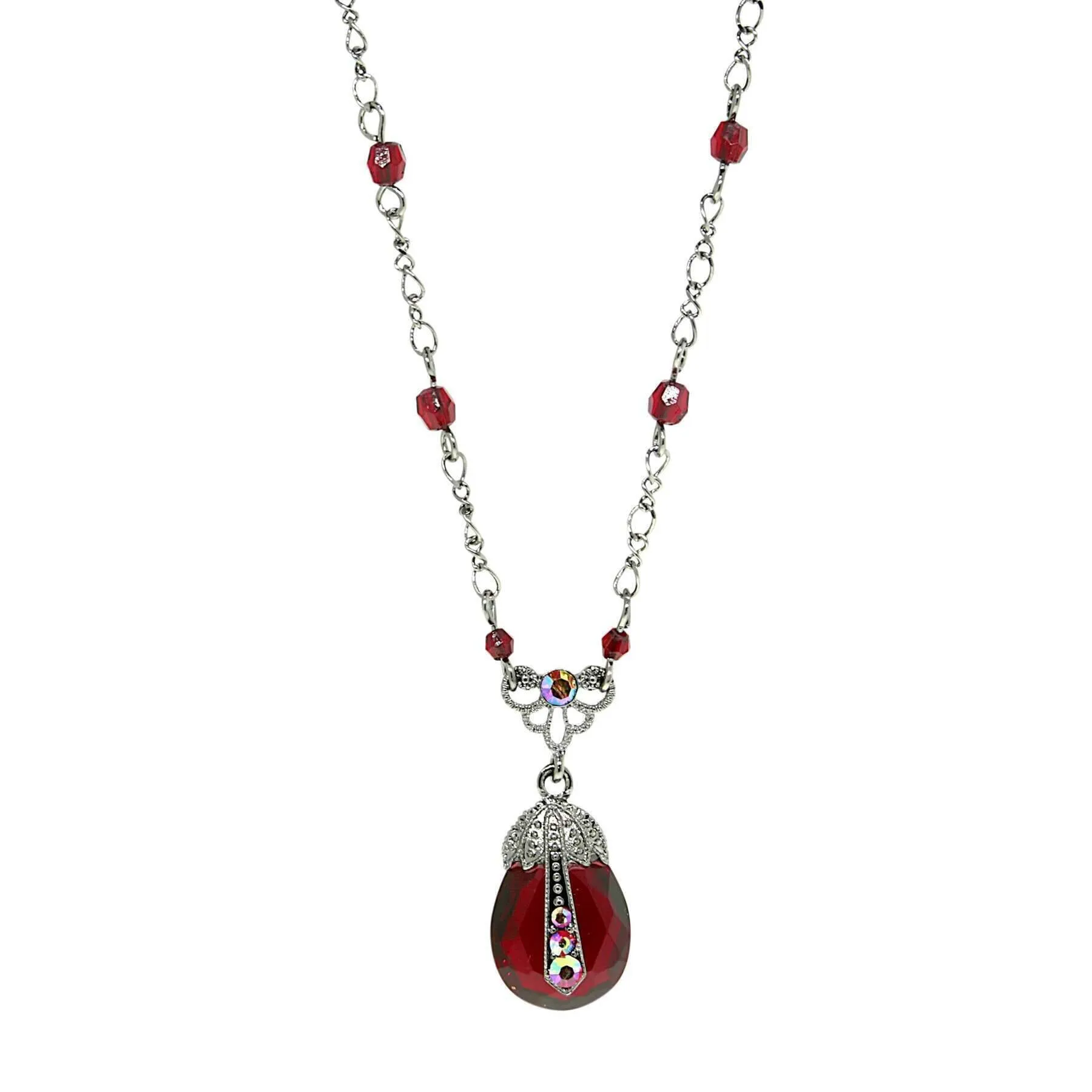 2028 Jewelry Siam Red Teardrop Pendant AB Crystal Accent Red Beaded Black Chain Necklace 16"   3" Extender