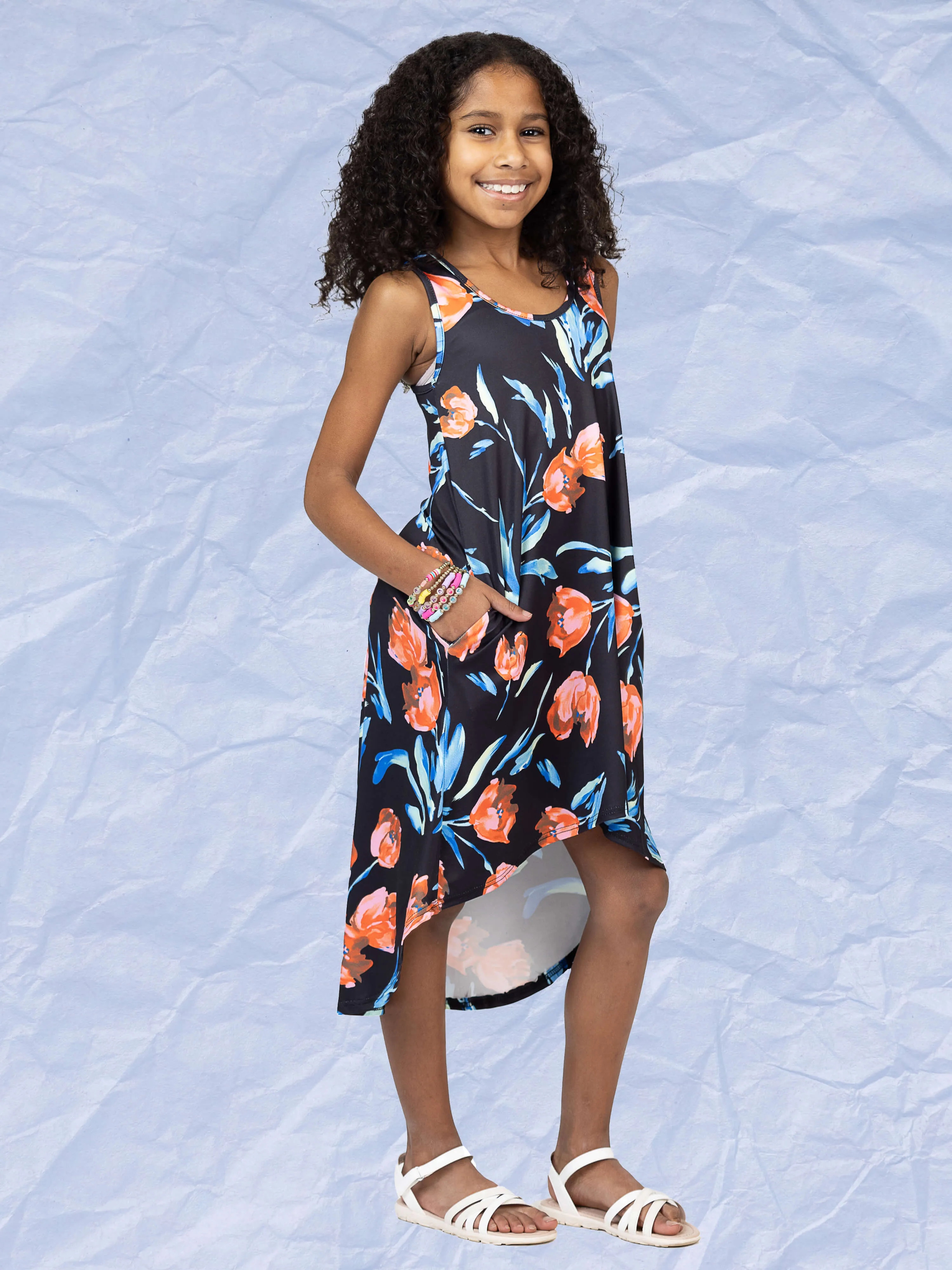 24sevenkid Girls Black Floral High Low Sleeveless Pocket Dress