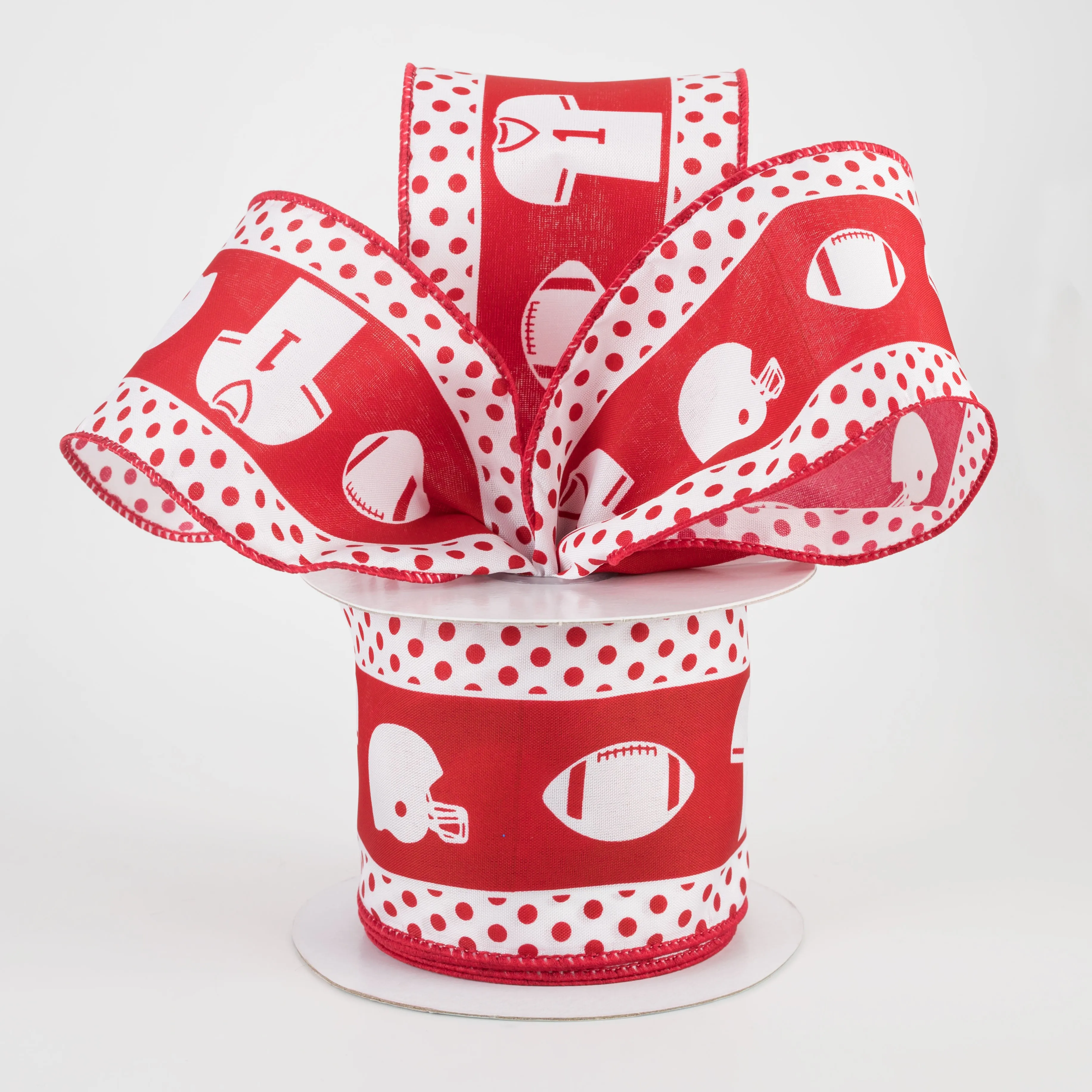 2.5" Football Gear Polka Dot Ribbon: White & Crimson (10 Yards)