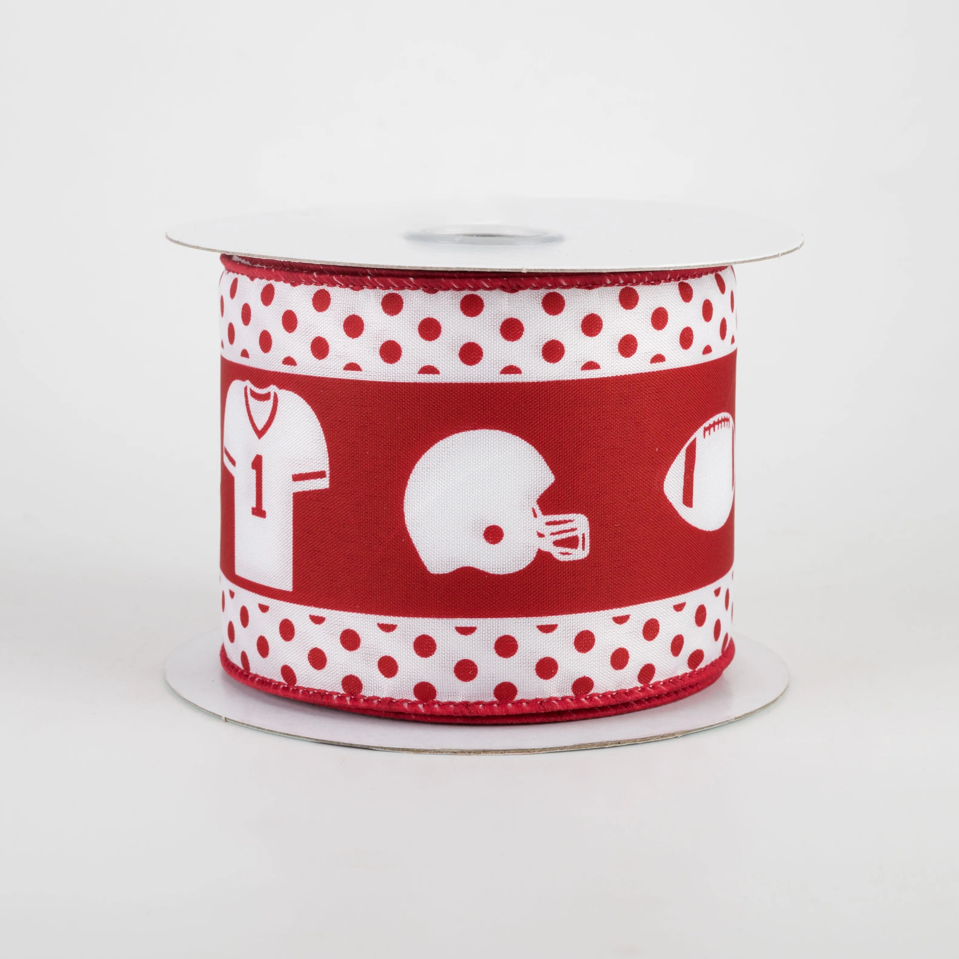 2.5" Football Gear Polka Dot Ribbon: White & Crimson (10 Yards)