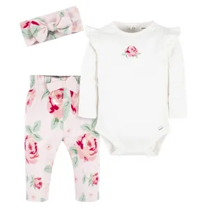 3-Piece Baby Girls Pink Garden Onesies® Bodysuit, Pants & Headband Set