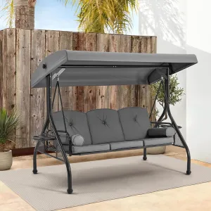 3-Seat Outdoor Porch Swing with Adjustable Canopy and Backrest, Gray
