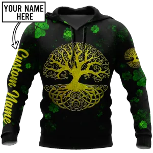 3D All Over Print Irish Tree Of Life Golden, Custom Name St Patrick's Day Pattern Shamrock 3D Shirt