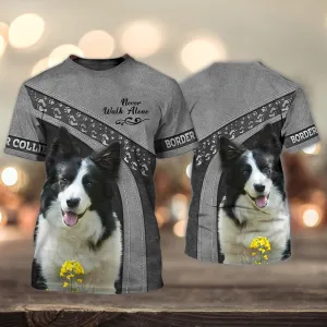 3D Dog T Shirts, Border Collie Flower Never Walk Alone All Over Print T-Shirt, Gift For Pet Loves