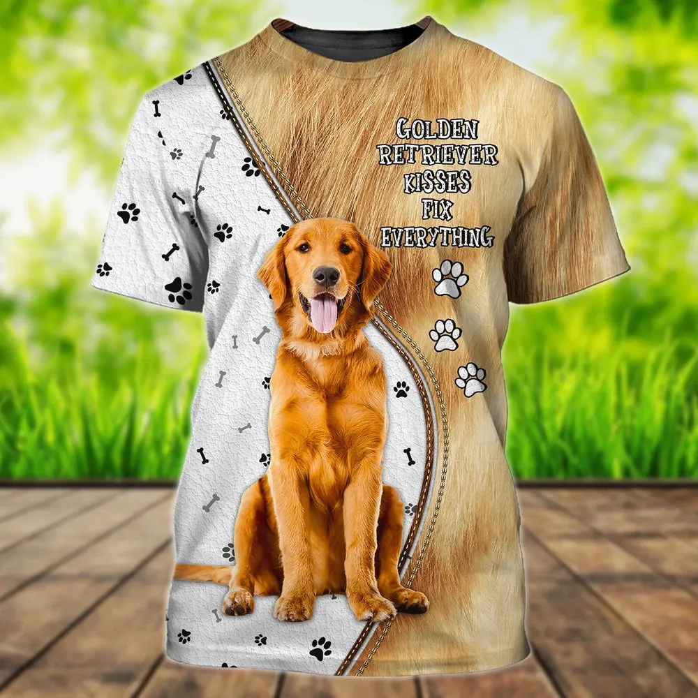 3D Dog T Shirts, Golden Retriever Kisses Fix Everything All Over Print T-Shirt, Gift For Pet Loves