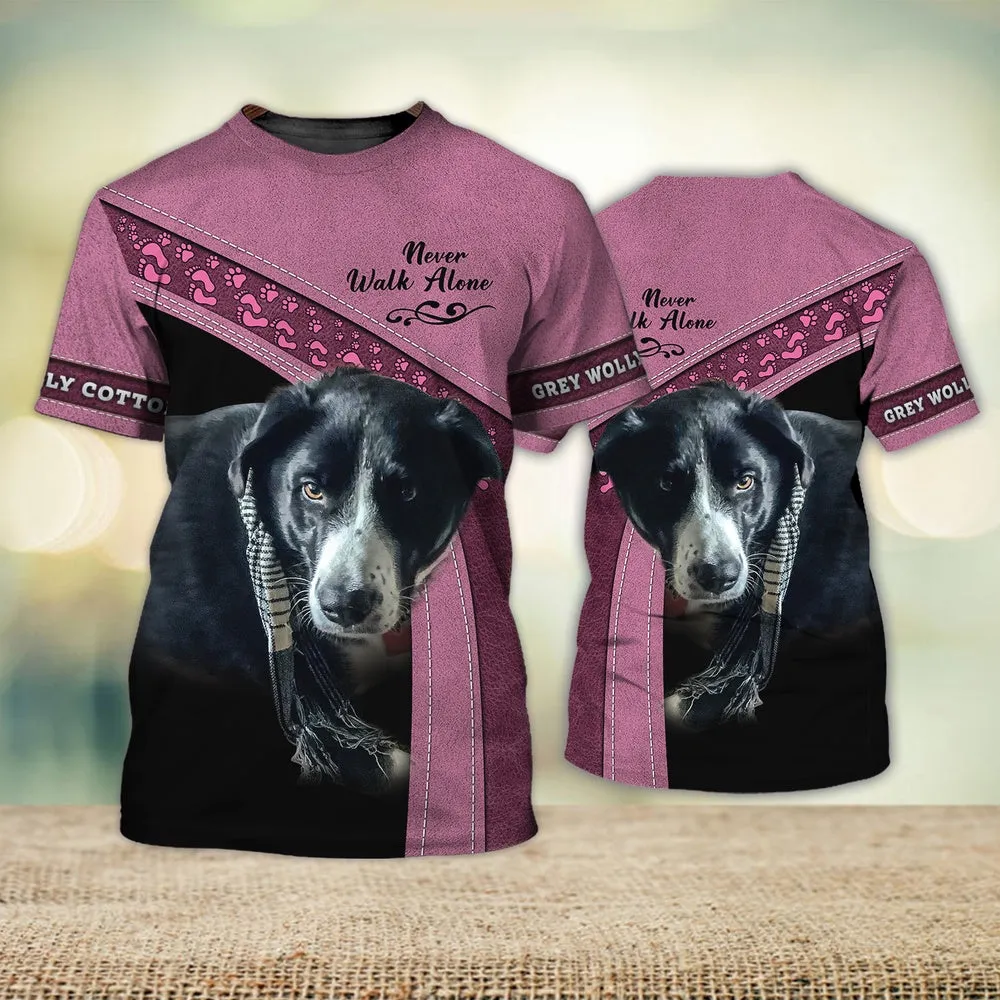 3D Dog T Shirts, Grey Wolly Cotton Never Walk Alone All Over Print T-Shirt, Gift For Pet Loves