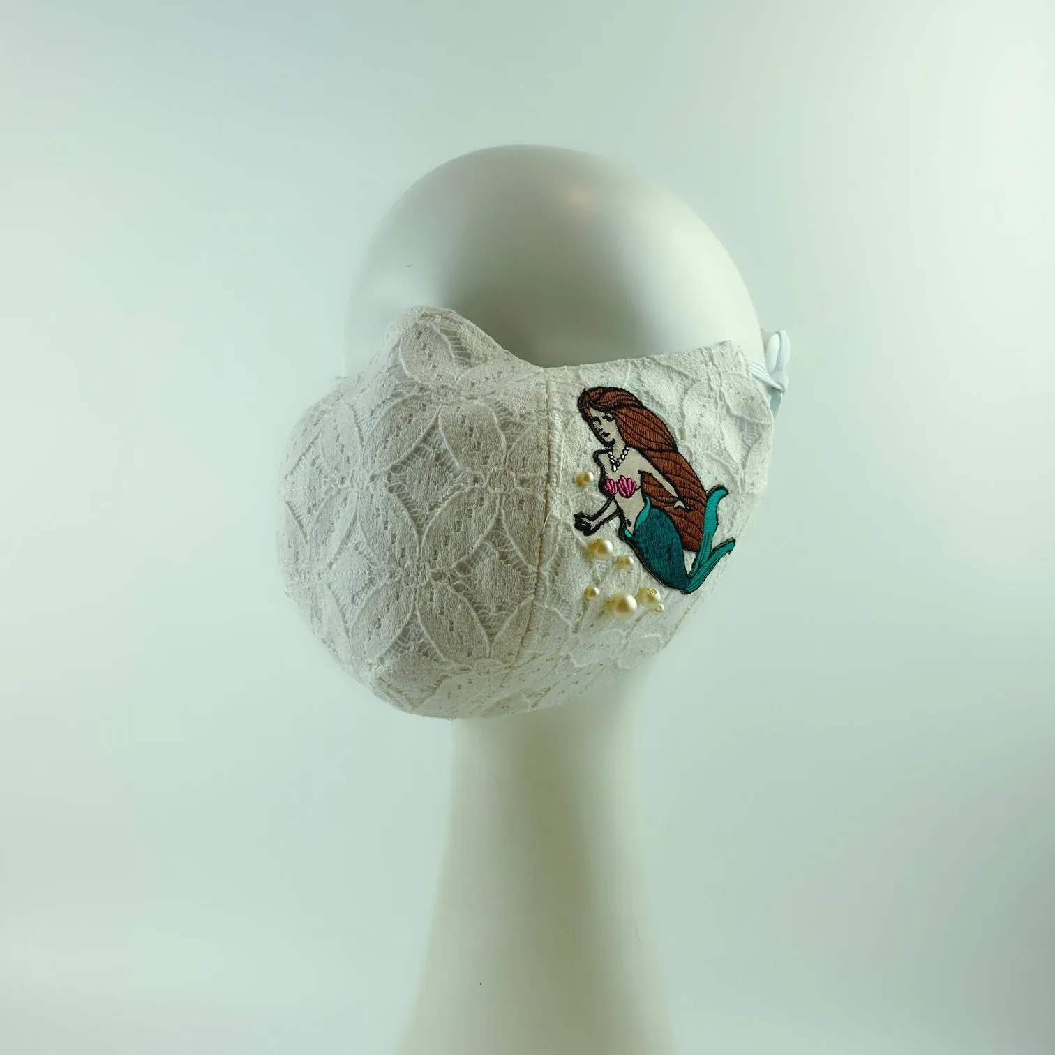 3D Face Mask 4 Protect Mermaid ,Shell & Pearls White Lace - L