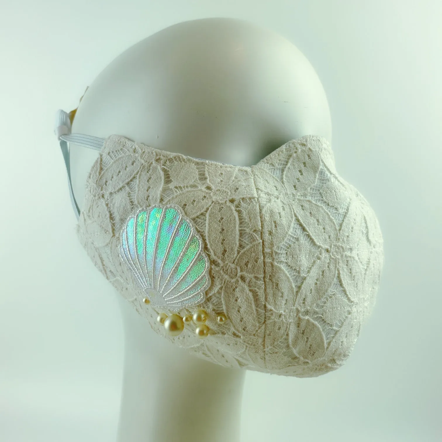 3D Face Mask 4 Protect Mermaid ,Shell & Pearls White Lace - L
