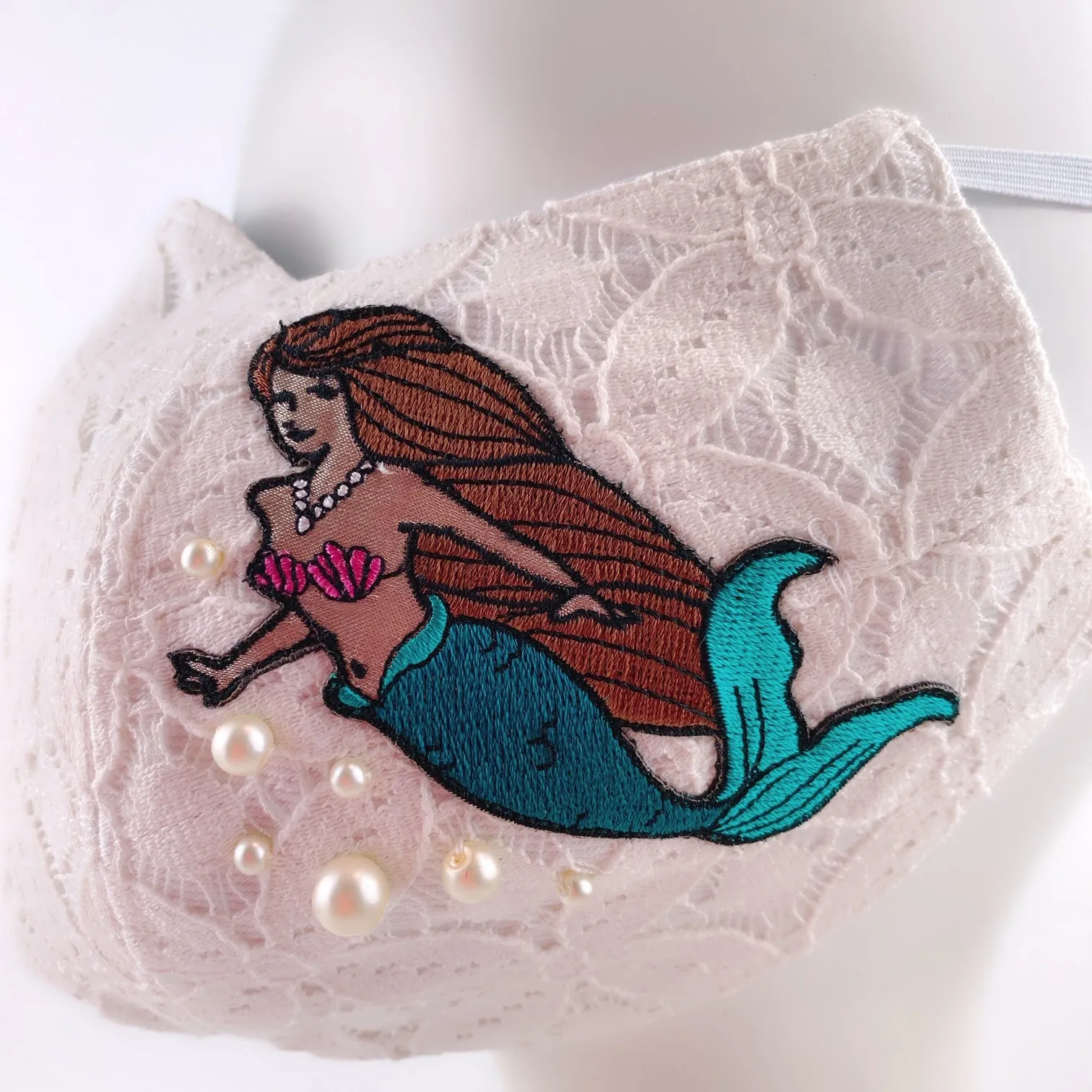3D Face Mask 4 Protect Mermaid ,Shell & Pearls White Lace - L