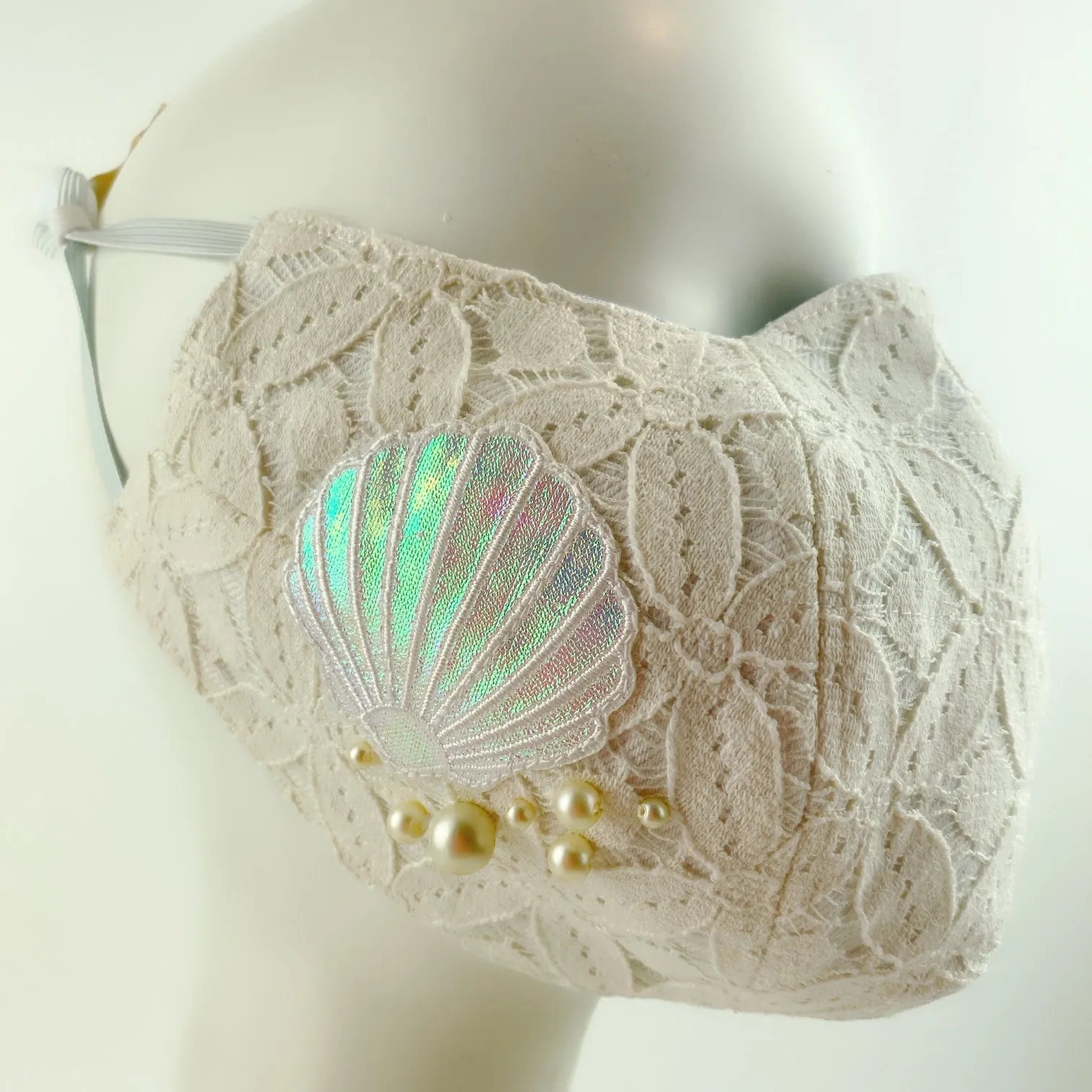 3D Face Mask 4 Protect Mermaid ,Shell & Pearls White Lace - L