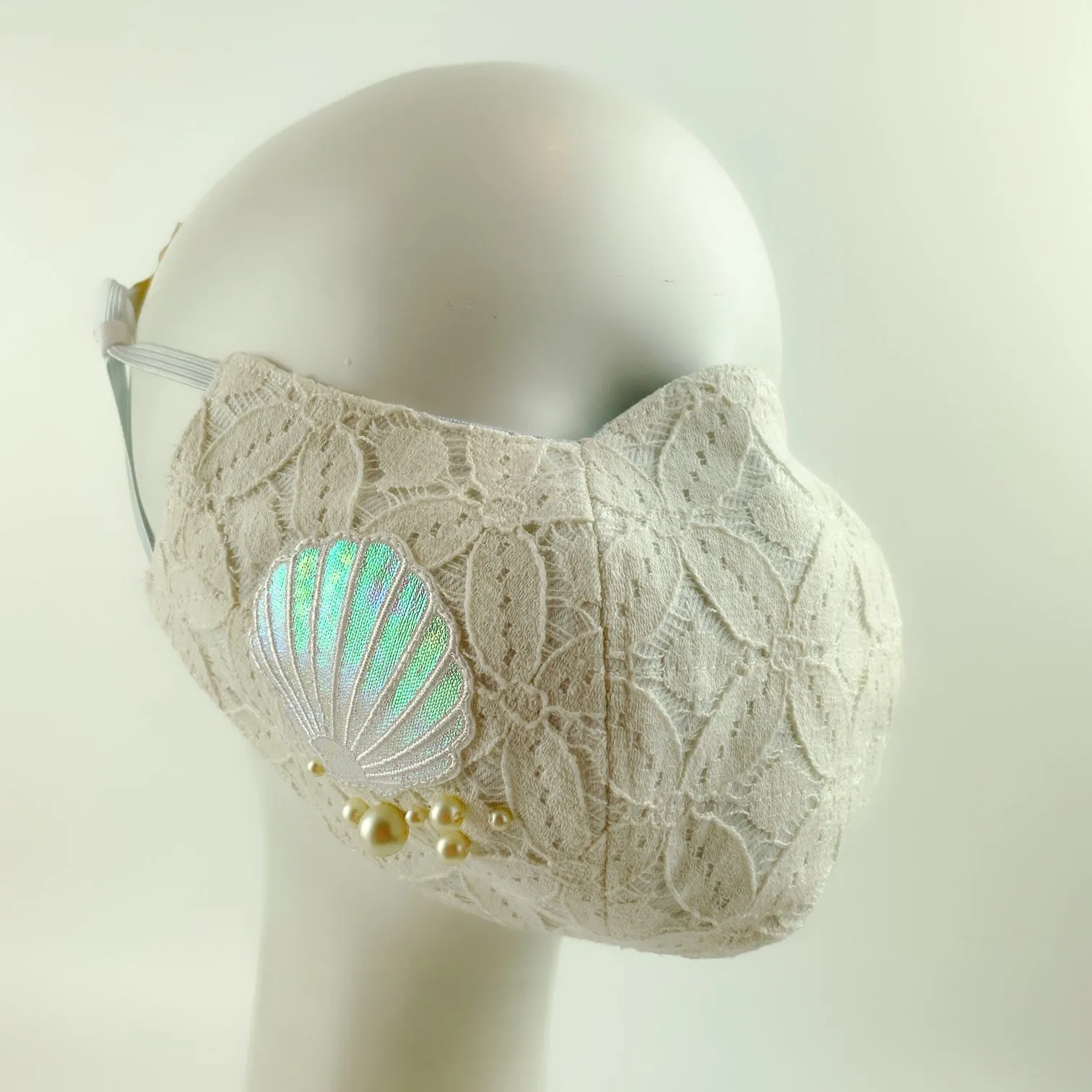 3D Face Mask 4 Protect Mermaid ,Shell & Pearls White Lace - L