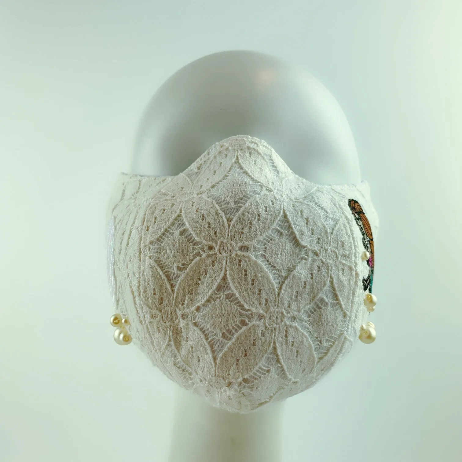 3D Face Mask 4 Protect Mermaid ,Shell & Pearls White Lace - L