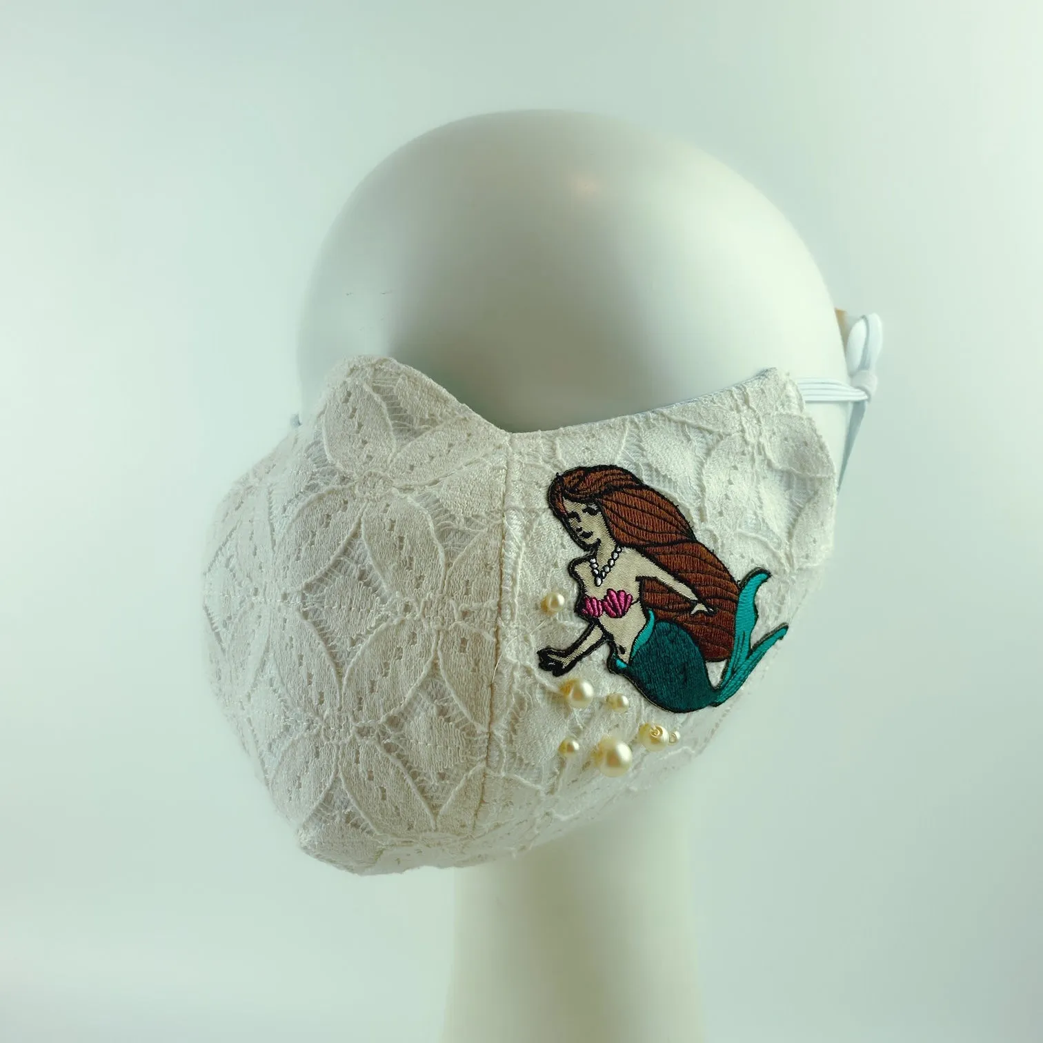 3D Face Mask 4 Protect Mermaid ,Shell & Pearls White Lace - L