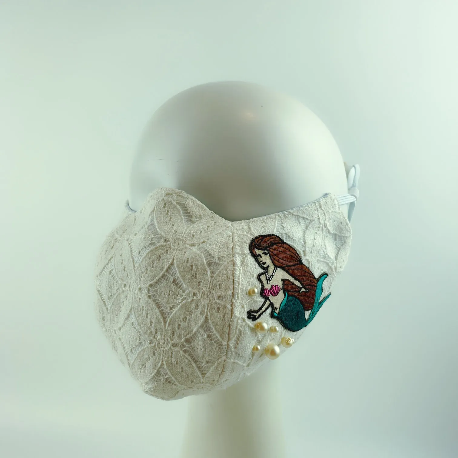 3D Face Mask 4 Protect Mermaid ,Shell & Pearls White Lace - L