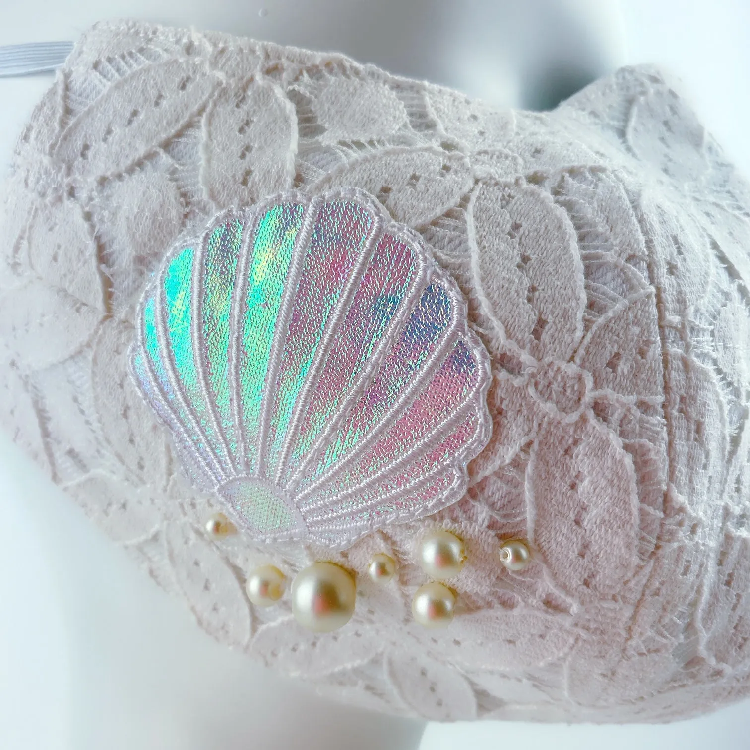 3D Face Mask 4 Protect Mermaid ,Shell & Pearls White Lace - L