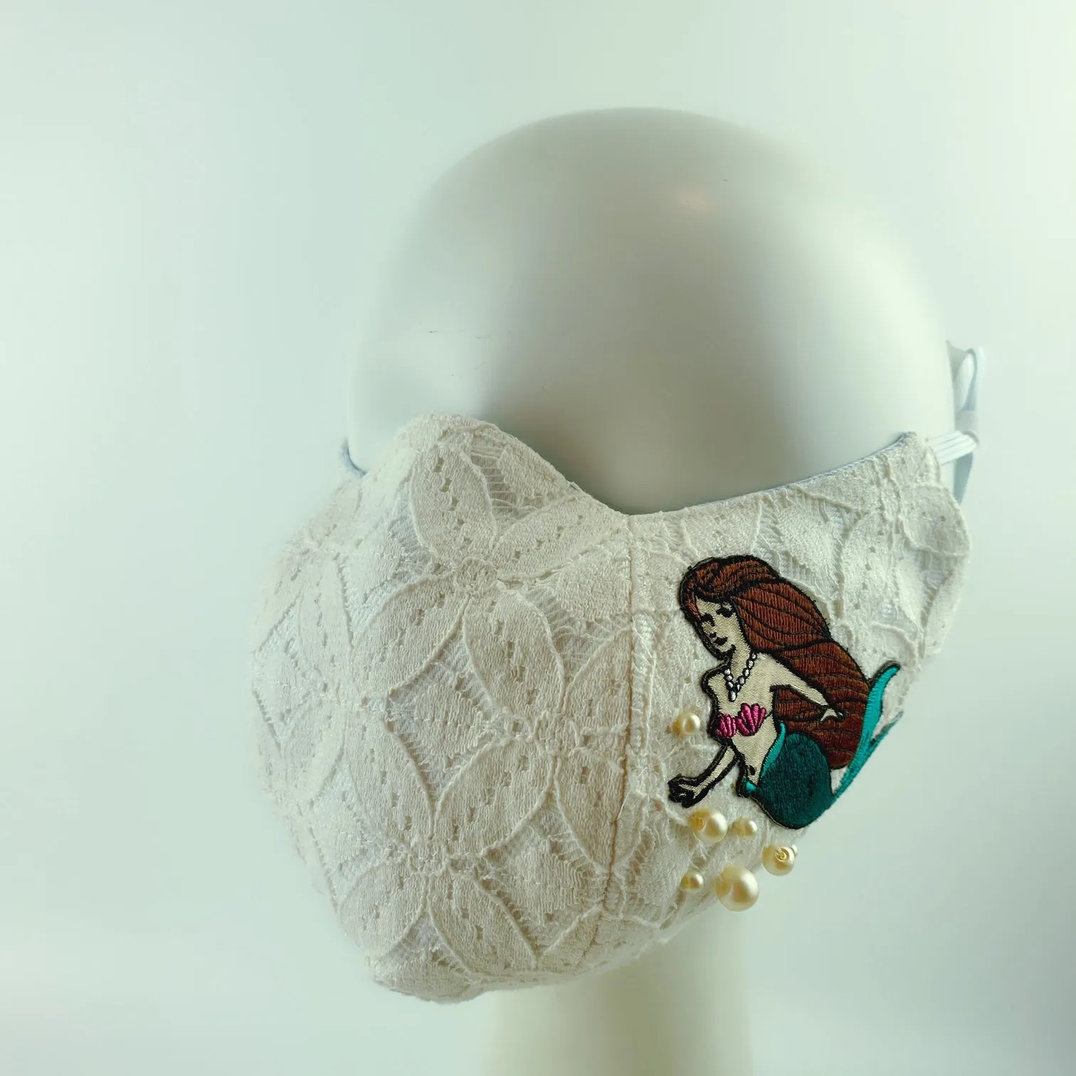 3D Face Mask 4 Protect Mermaid ,Shell & Pearls White Lace - L