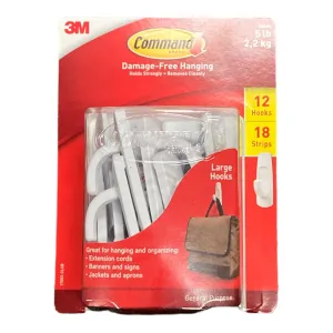 3M Command Large Utility Hooks, White, 12 Hooks, 18 Adhesive Strips