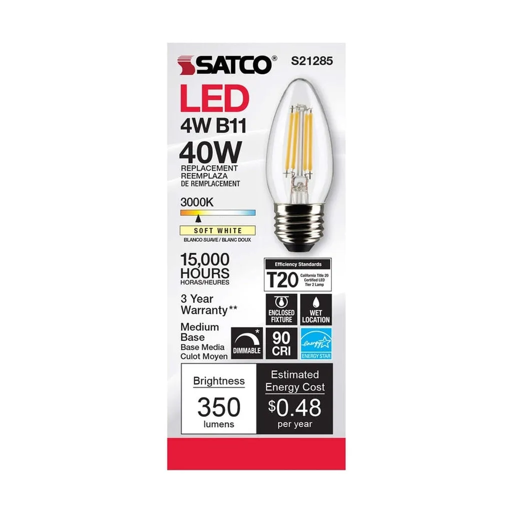 4W B11 LED - Clear - Medium base - 90 CRI - 3000K - 120V - 6PK