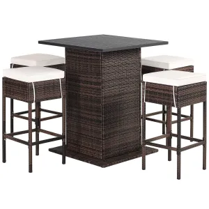 5-Piece Garden Bar Set with 2 Storage Shelves and Cushions-White