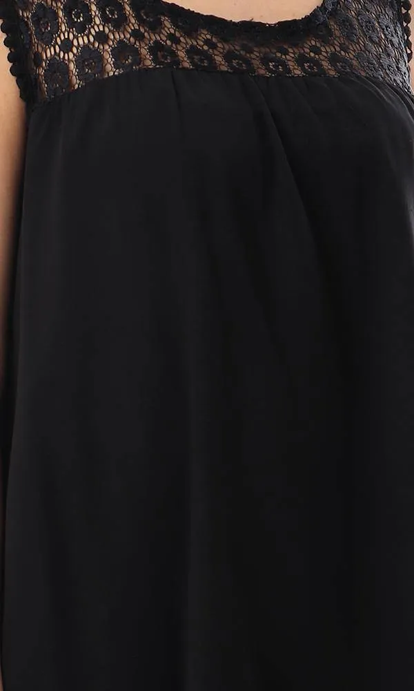57152 Perforated Lace Neck Sleeveless Blouse - Black
