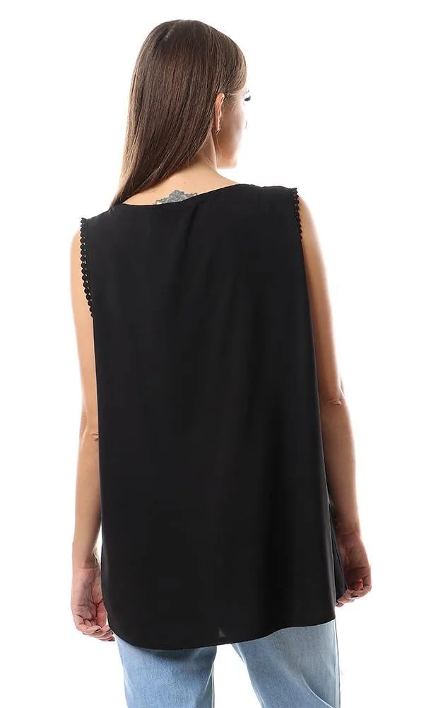 57152 Perforated Lace Neck Sleeveless Blouse - Black
