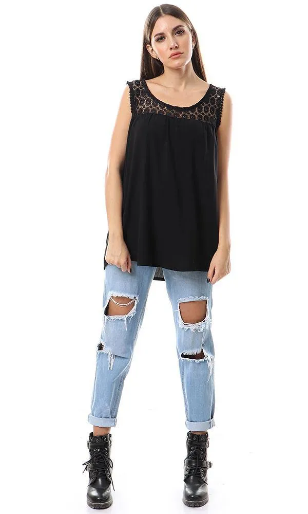 57152 Perforated Lace Neck Sleeveless Blouse - Black