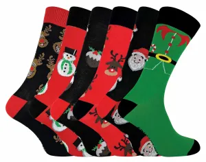 6 Pairs of Men's Novelty Cotton Christmas Socks - Fun, Festive Designs - Comfortable Holiday Multipack