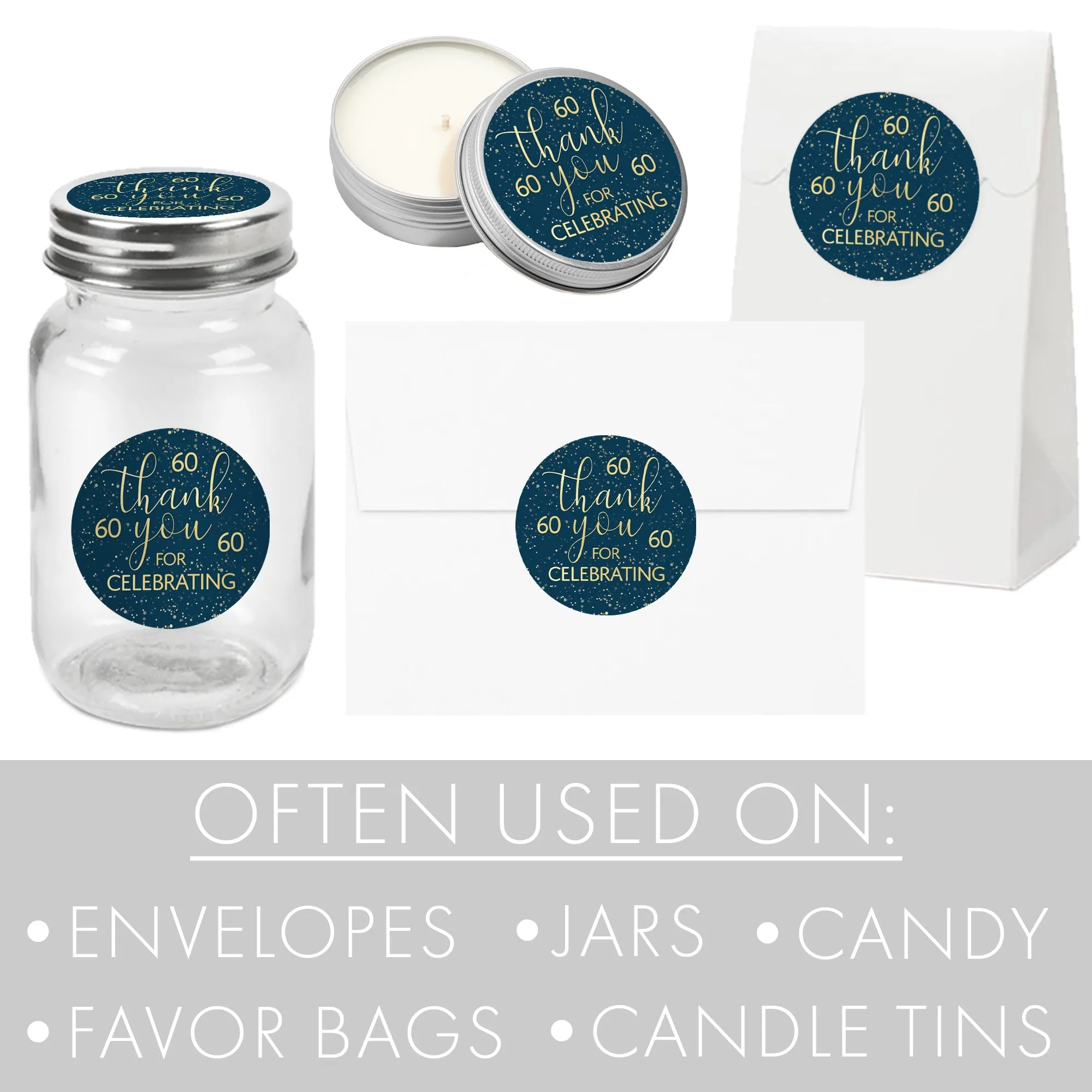 60th Birthday: Navy Blue & Gold - Adult Birthday - Thank You Stickers