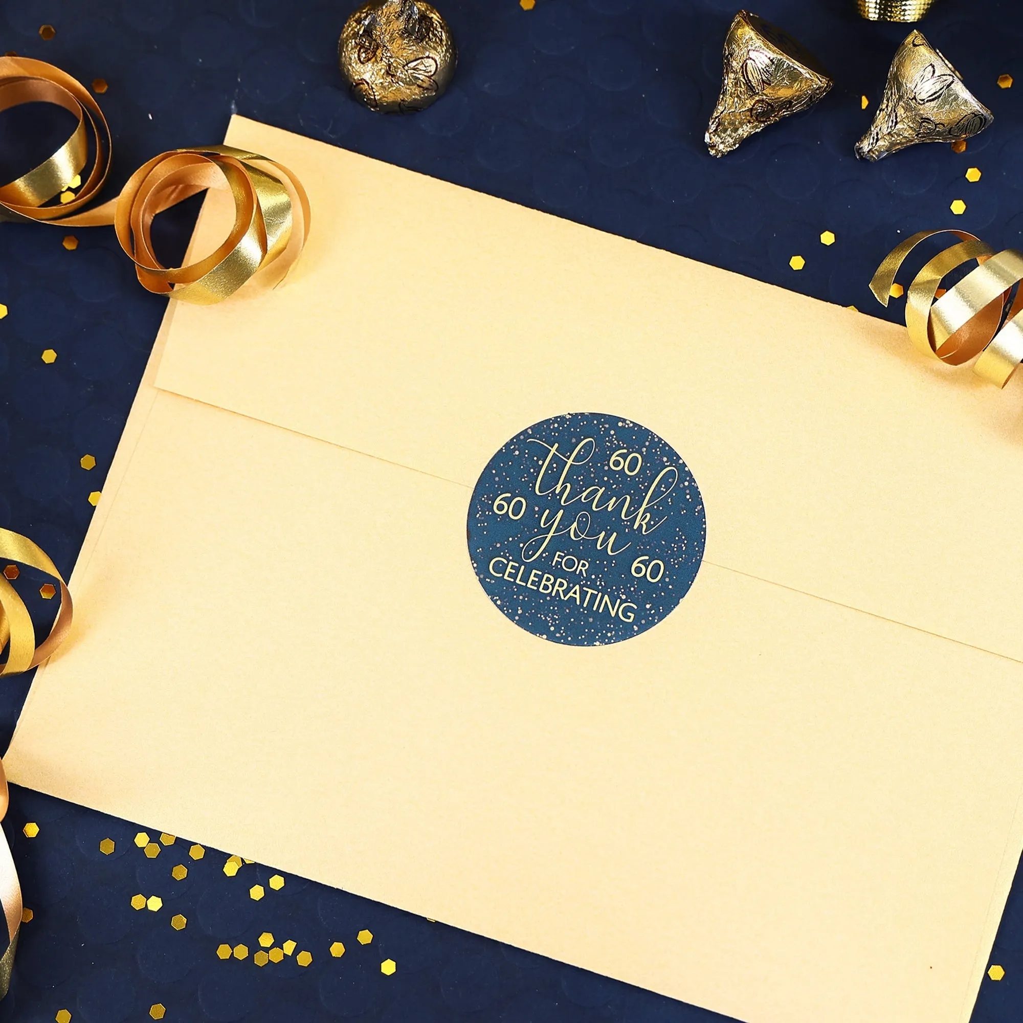 60th Birthday: Navy Blue & Gold - Adult Birthday - Thank You Stickers