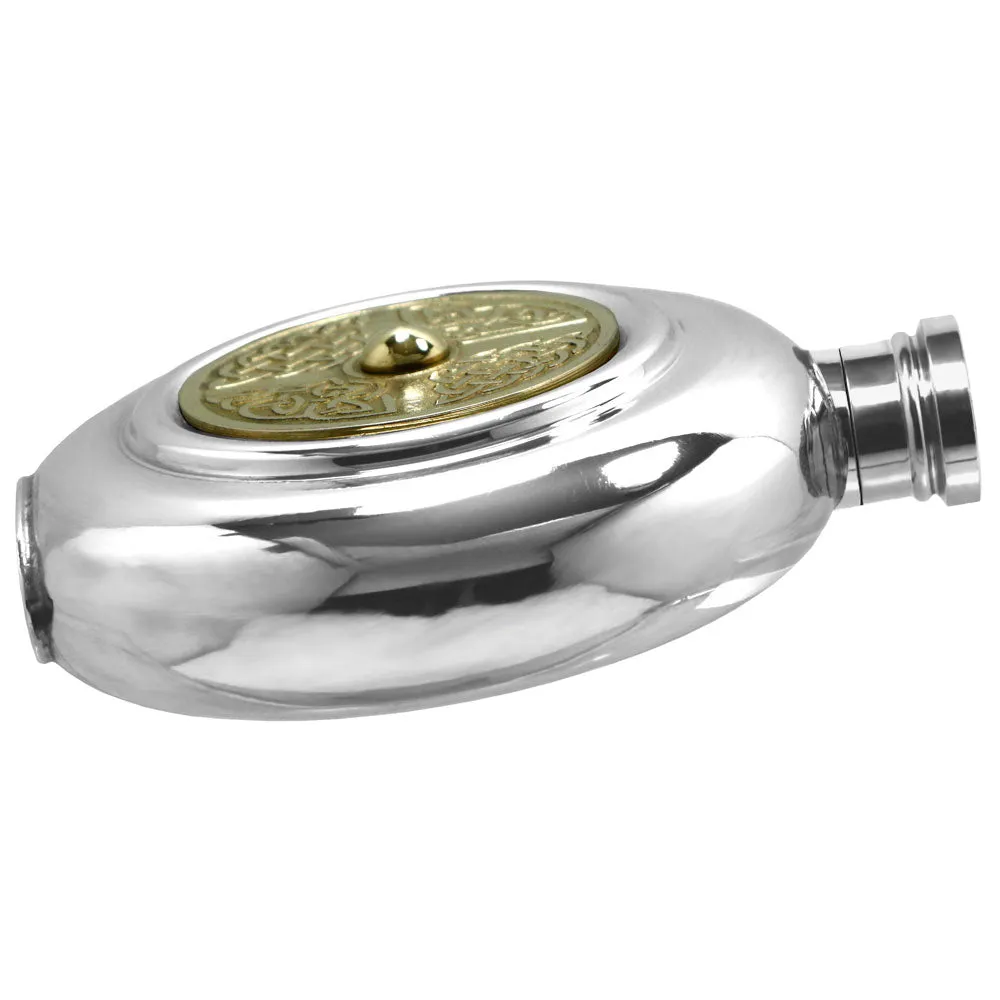 6oz Round Pewter Hip Flask with Brass Celtic Knot Badge