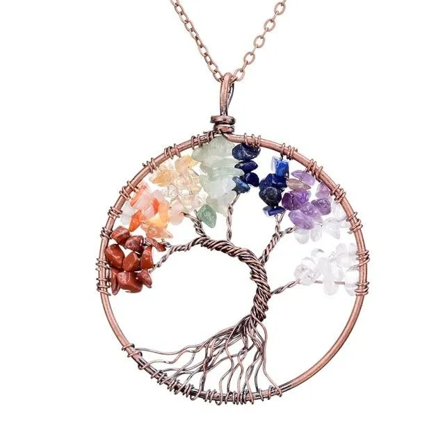 7 Chakra Tree Of Life Pendant Necklace Copper Crystal Natural Stone Necklace Quartz Pendants