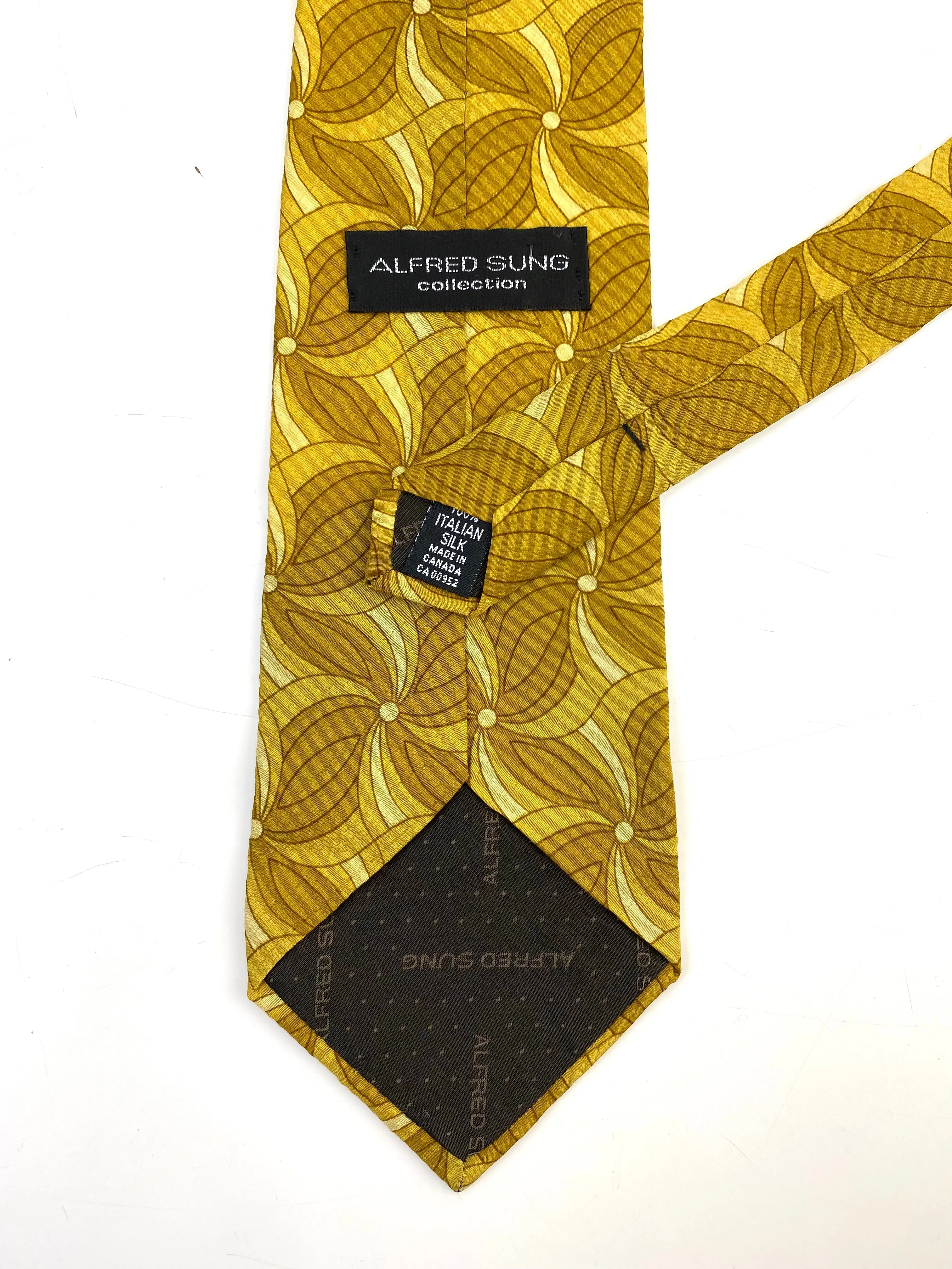 90s Deadstock Silk Necktie, Men's Vintage Gold Floral Geometric Pattern Tie, NOS