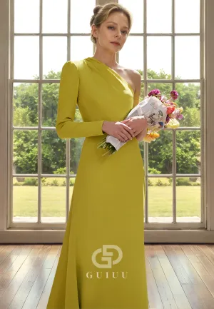 A-Line One Shoulder Long Sleeve Back Zipper Satin Mother of Bride Dress