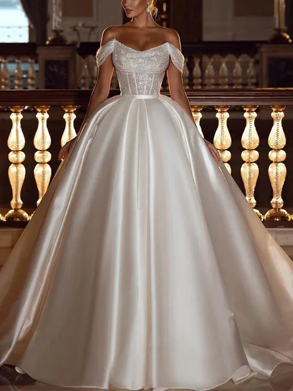 A-Line Sexy Off Shoulder Wedding Dresses Shiny Bohemia Women's Tulle Princess Satin Bridal Gowns Robe De Mariée Vestido فست