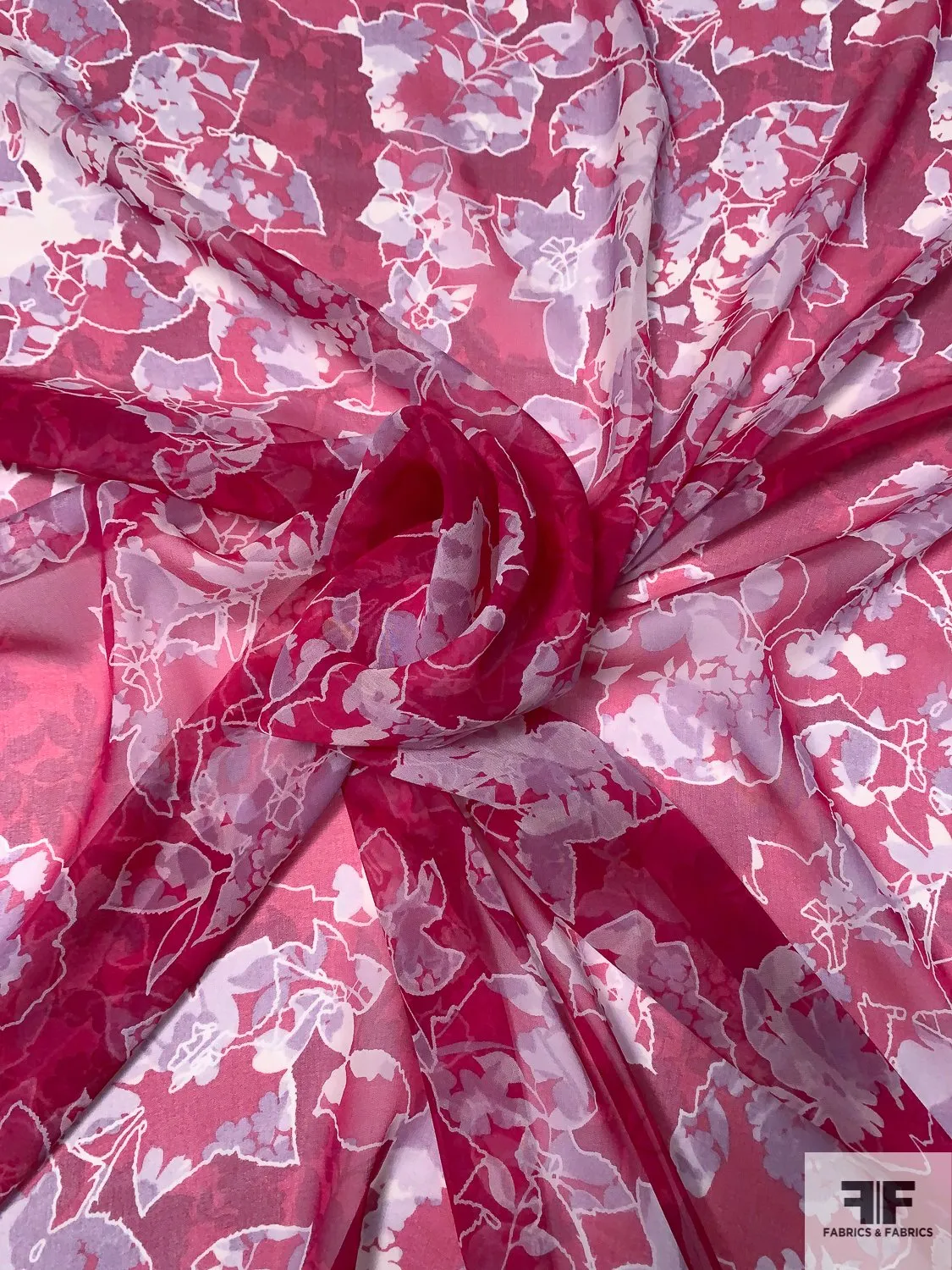 Abstract Leaf Printed Silk Chiffon - Magenta / Light Purple / Off-White