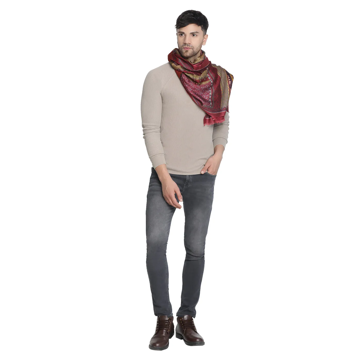 Adeel Dark Marron Wool Silk Printed Muffler