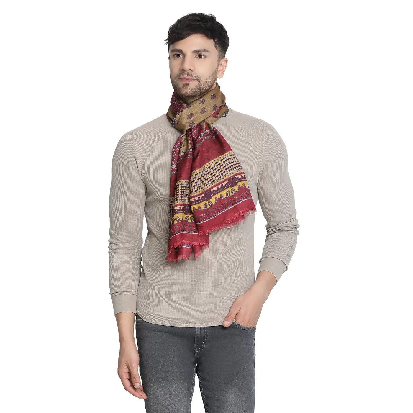 Adeel Dark Marron Wool Silk Printed Muffler