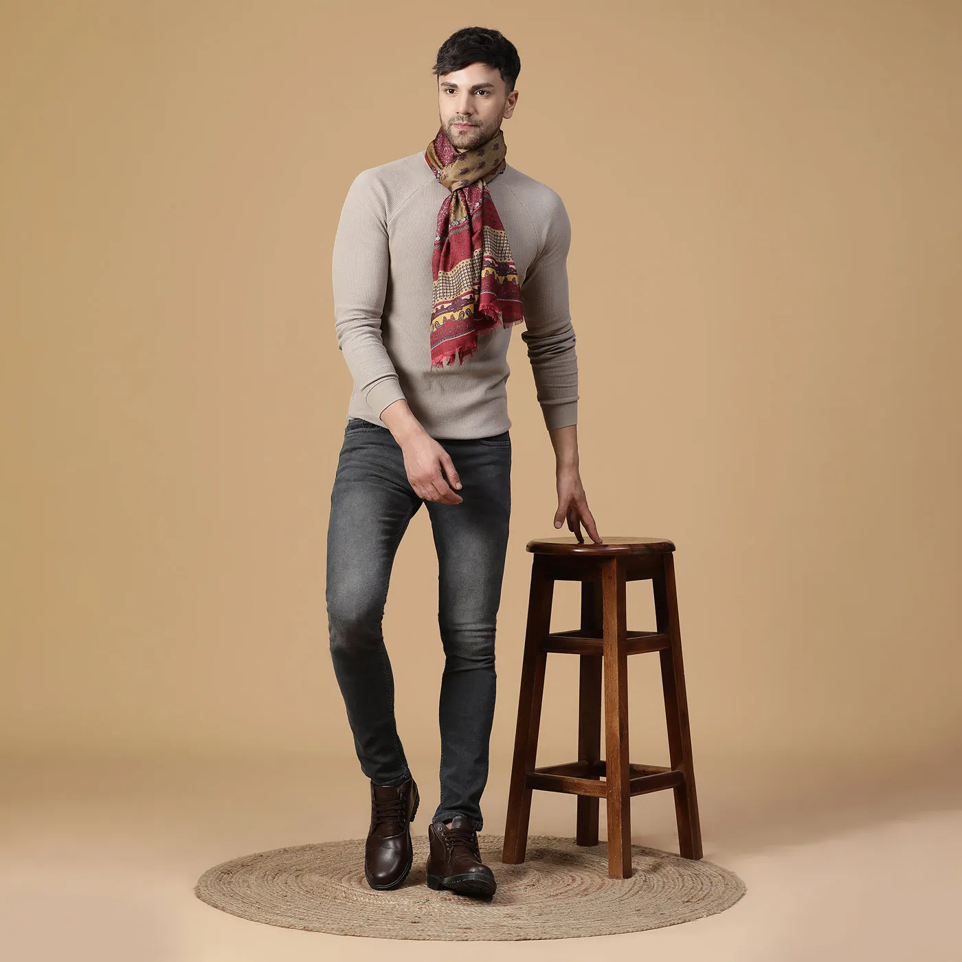 Adeel Dark Marron Wool Silk Printed Muffler